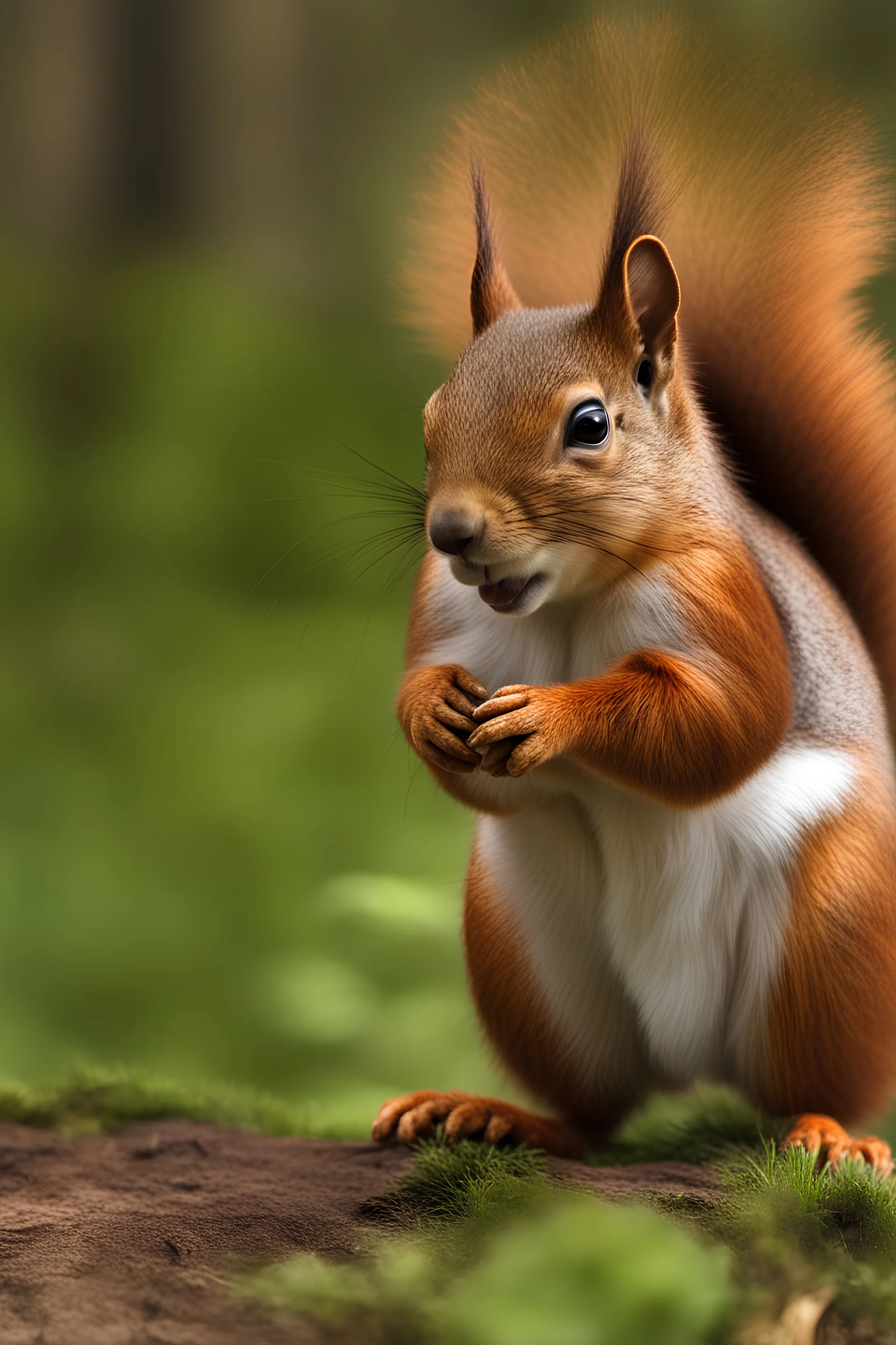 A hyper-realistic, A cute squirrel, outdoor, forest, spring, full size ,Photo Real, HOF, full size, practicality,manufacturability,performance, (((realism, realistic, realphoto, photography, portrait, realistic, elegant, charming, , professional photographer, captured with professional DSLR camera, trending on Artstation, 64k, ultra detailed, ultra accurate detailed, bokeh lighting, surrealism, Thomas Kinkade backgroun