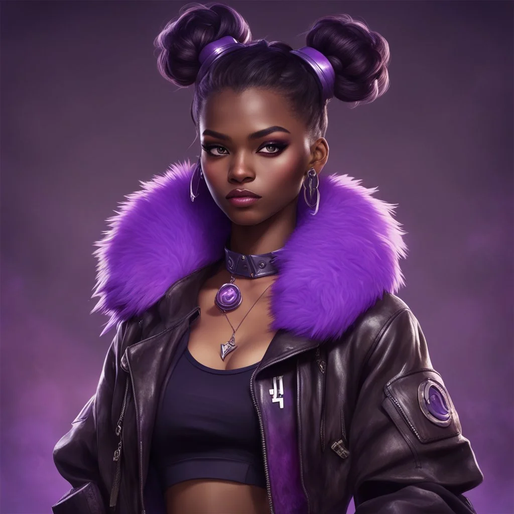 arcane tv show style, league of legends, solo, 1girl, attractive teenager, african, dark skin, dark-brown eyes, black hair, pair buns, (violet strand in forehead bang), necklace, earrings, modern makeup, (detailed skin texture), old leather jacket with violet fur collar, oversized torn t-shirt with half-erased unknown music group logo, You can see through the wide holes in the t-shirt her acid-green sport top, dark background, bokeh, cinematic atmosphere