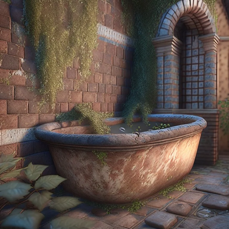 professional photography of an ancient bath,vines on the wall, wet brick walls, unreal engine 5, 8k resolution, photorealistic, ultra detailed