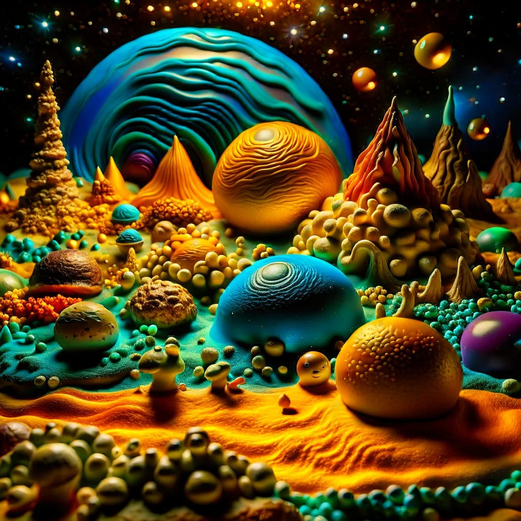 Detailed creepy landscape made of modeling clay, stars and planets, Roger Dean, Tim Burton, strong texture, Ernst Haekel, extreme detail, Max Ernst, decal, rich moody colors, sparkles, bokeh, odd