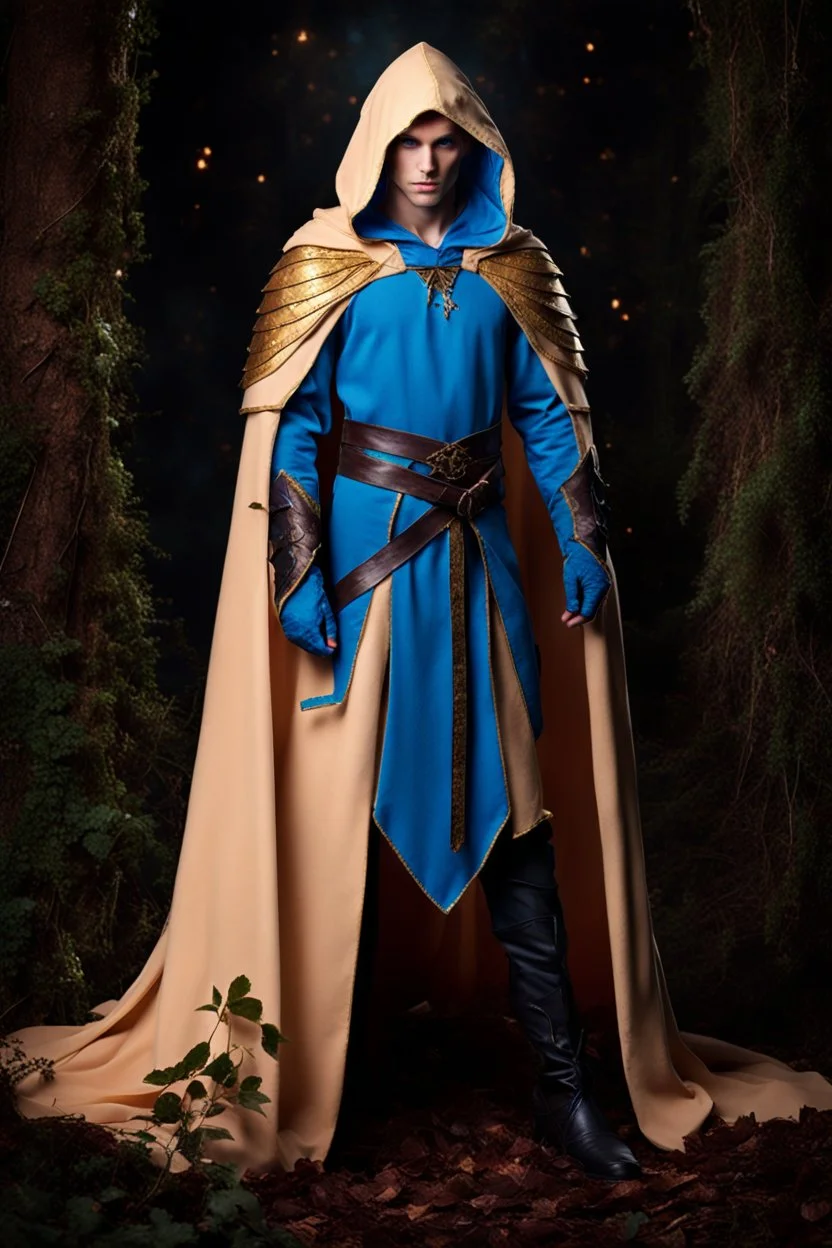 image of a blue eyed Fae Prince wearing a hooded cape