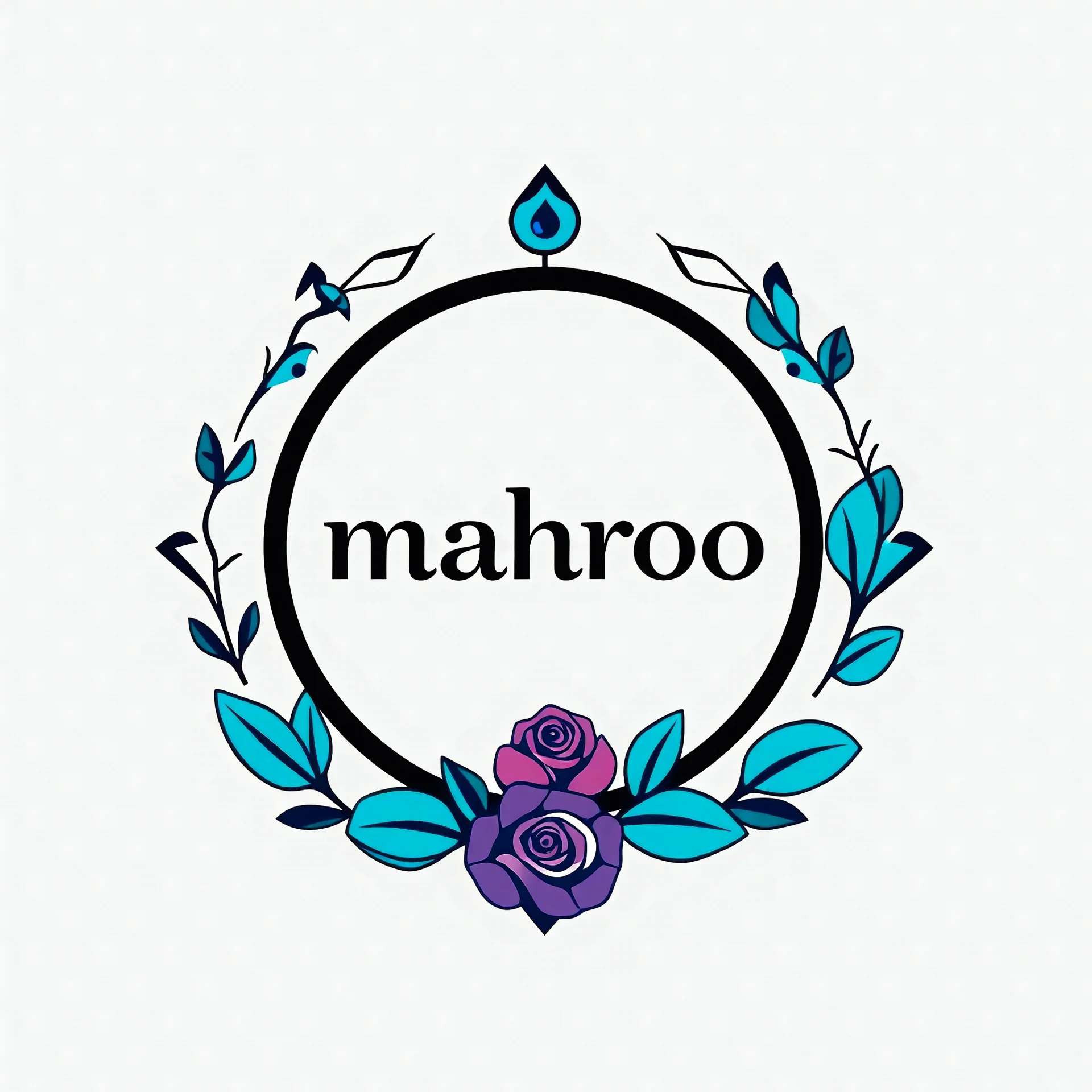 A circular logo with the name (mahroo) designed for a cosmetics store with the symbol of the moon and turquoise and indigo colors and a blue and black circle around the work with cosmetics and nail polish, lipstick, cologne, body spray, and rose leaves.