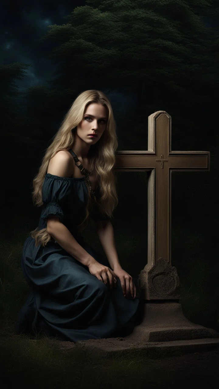 photorealistic hyperdetailed young woman with dirty blonde hair kneeling by a grave with a wooden cross dark fantasy