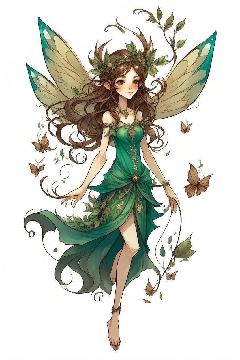 Forest fairy with iridesand teal wings and a cute short leaf dress and pointed ears and multiple vine earings and ear cuffs flying through a mythical forestand brown wavy hair trailing her