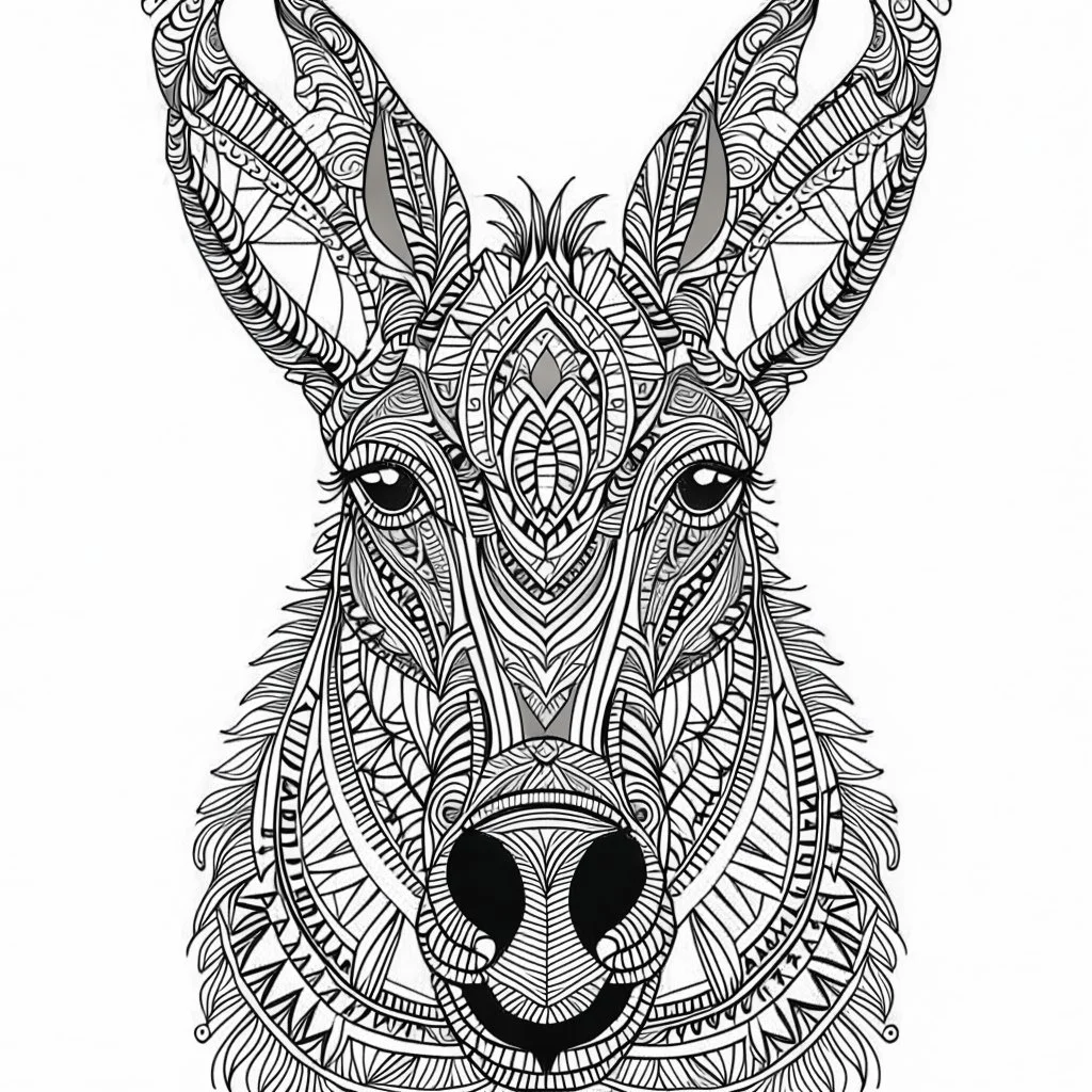 Donkey front face view, cartoon, mandala, white back ground color, real style, realistic, minimalistic, minimal black line art, line art, crisp line art, unique coloring sheet, outlined, outline, crisp, crisp line edges, illustration, thin lines, crisp clear lines, line art, clean line art, unique, 8k, amazing, masterpiece, no colors, no dark color, no black color, avoid thick black, minimalistic line edges, pure white back ground, image character full fit to page,