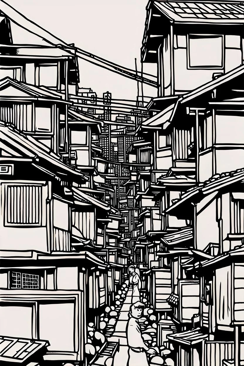 Tokyo shanty town, greyscale, thin line arts