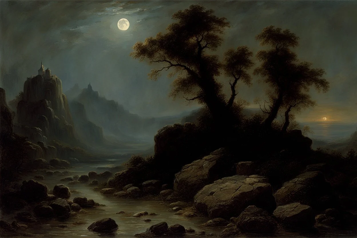 Night, rocks, trees, begginer's landscape, fantasy movies influence, friedrich eckenfelder, and willem maris impressionism paintings