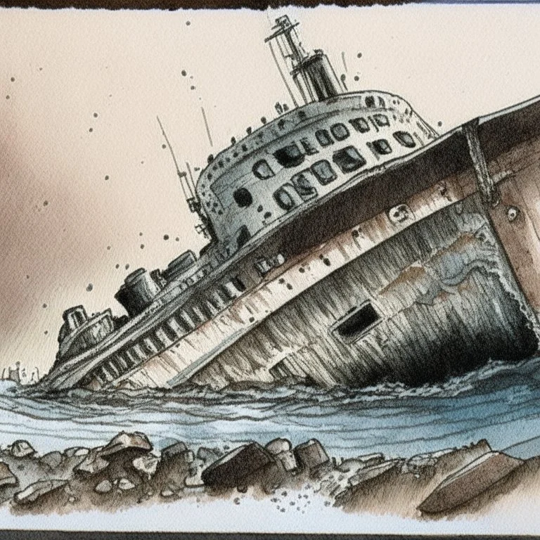 Artmarker, copic marker drawing of a sunken ship.