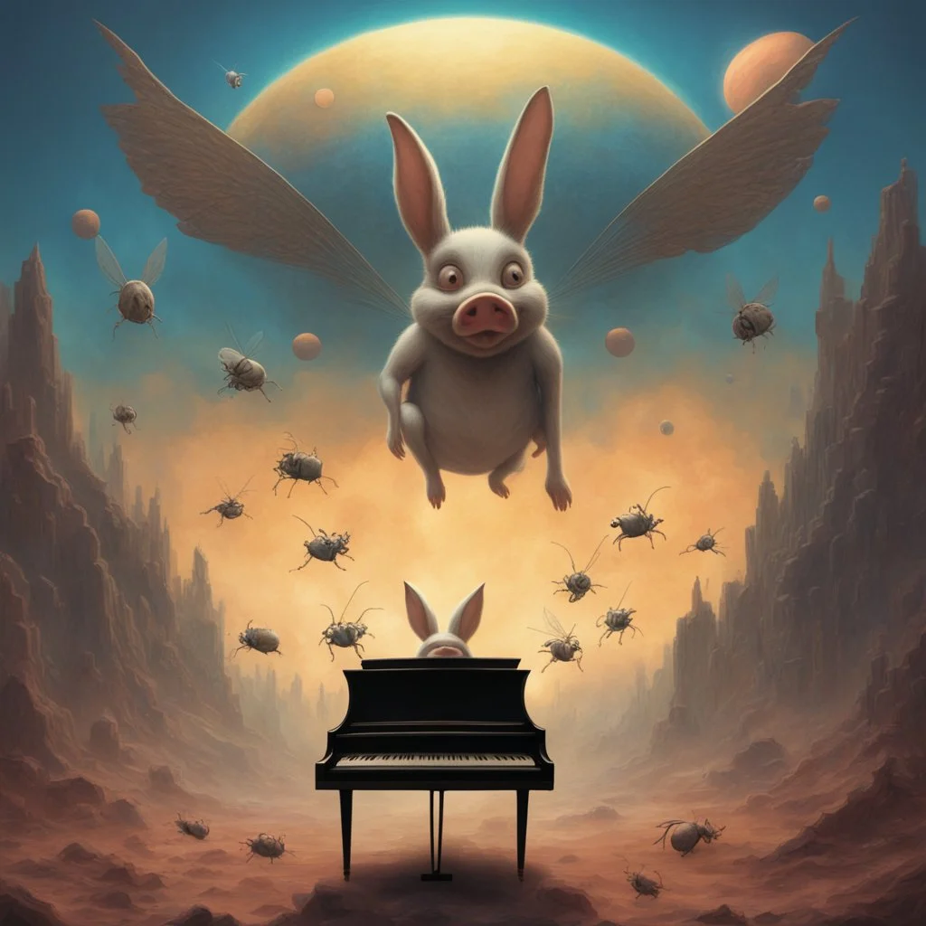 monochromatic black and white bugs bunny composer piano, diffrent planet, one swine pig piggy flying wasp angel, beksinski style daker theme