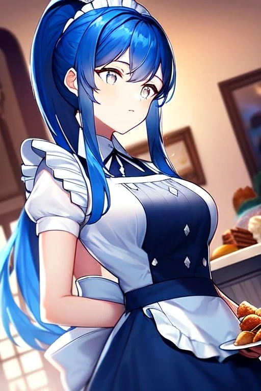 girl, masterpiece, best quality, cinematic lighting, detailed outfit, vibrant colors, perfect eyes, blue hair, long hair, white eyes, ponytail, maid, indoors, looking up, food,