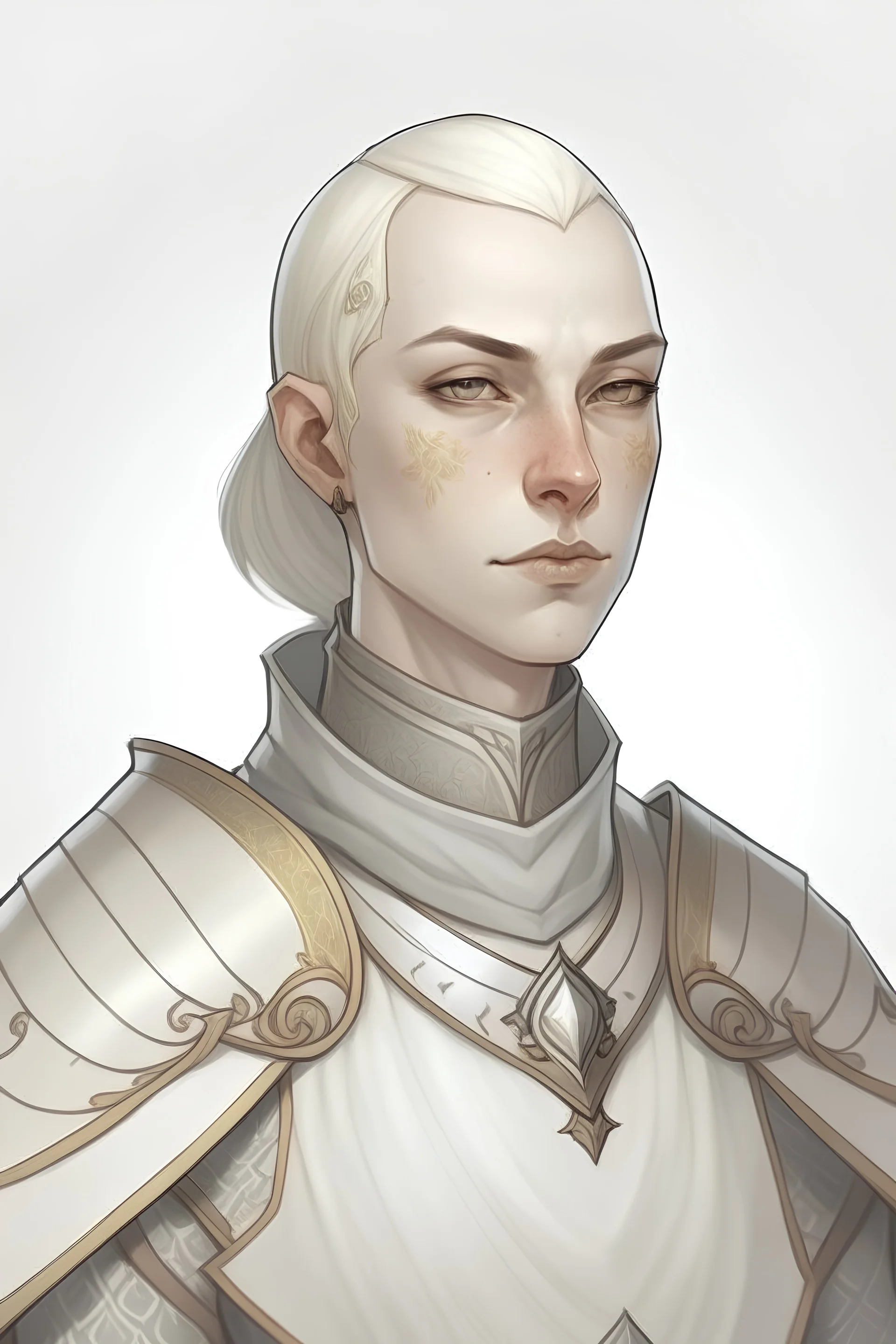 Female human cleric, age 22, shaved head, grey eyes, scale mail, colour drawing, full scale