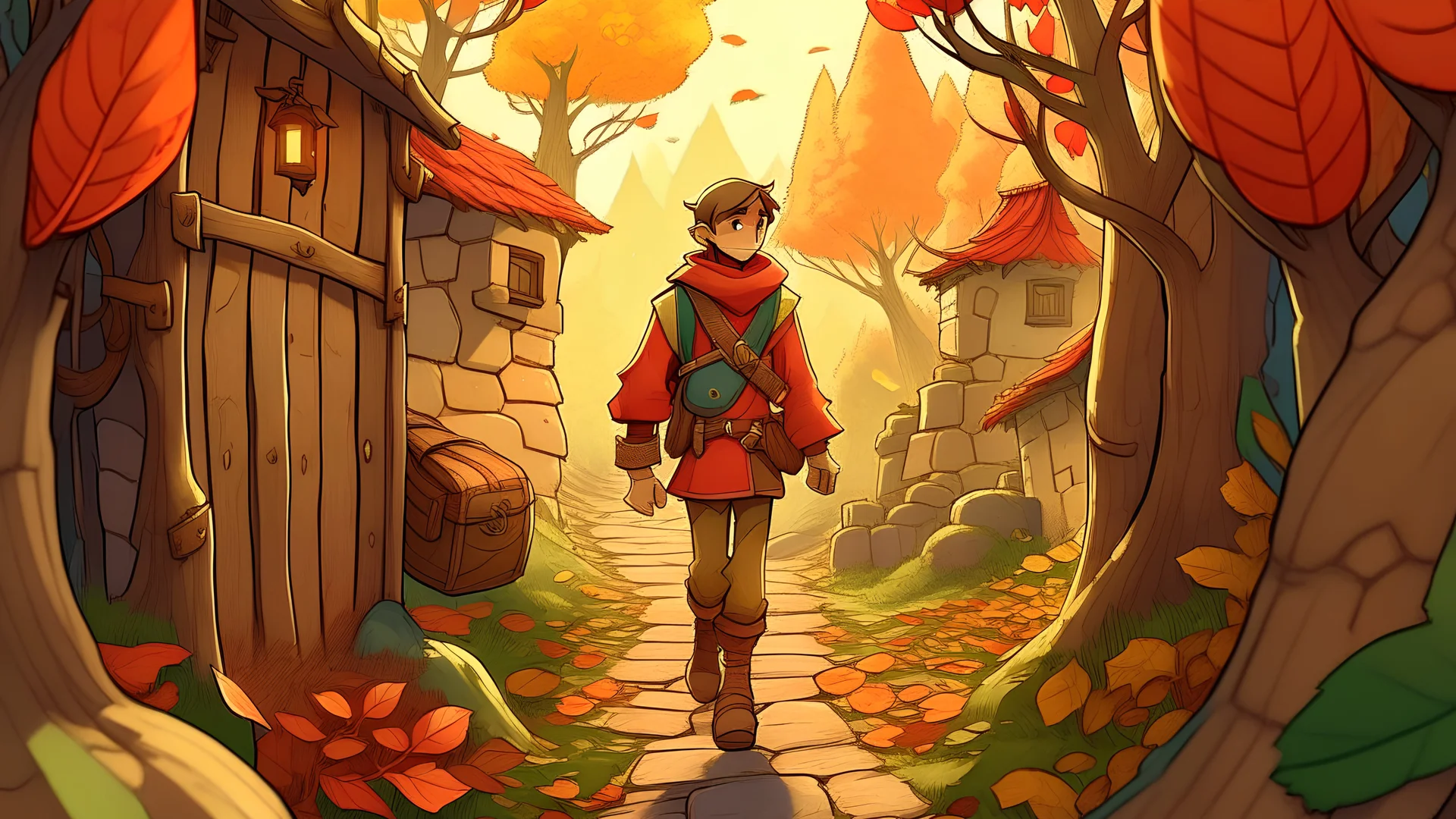 In the autumn season that colors the trees with warm colors, an adventurous young hero appears through his lively and bold appearance. The young man walks confidently through the village corridors, with a look of defiance and curiosity on his face. The hero is dressed for his adventures, with a backpack carrying exploration tools and maps, and his heavy boots leave tracks behind in the falling soil. He seems ready to explore the dense forests and deserted places in search of the secrets of the