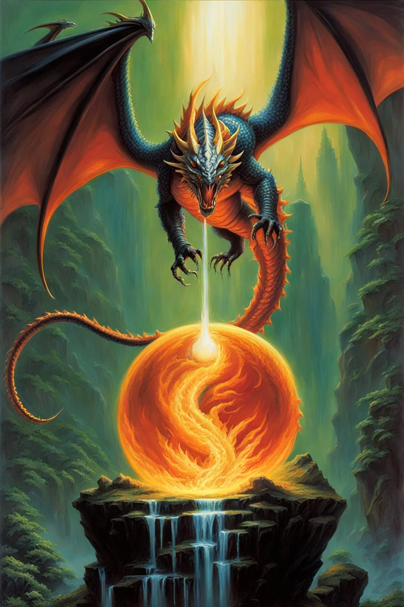 magic orb dripping with dragon fire. identical wings. long tail. fantasy setting. painted by Jeff Easley