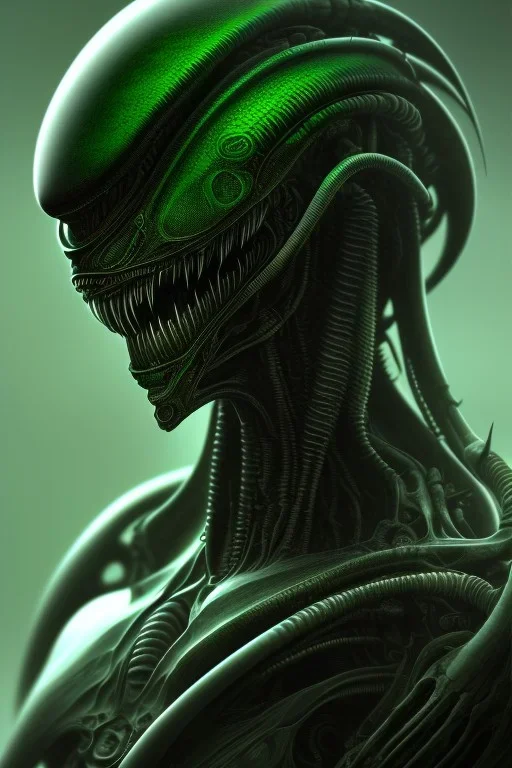 alien, head, dark, evil,green eyes, weapons, blood, 8k, finely detailed, photo realistic, HR Giger style