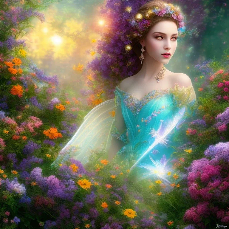 bright fairy, beautiful portrait, flowery landscape