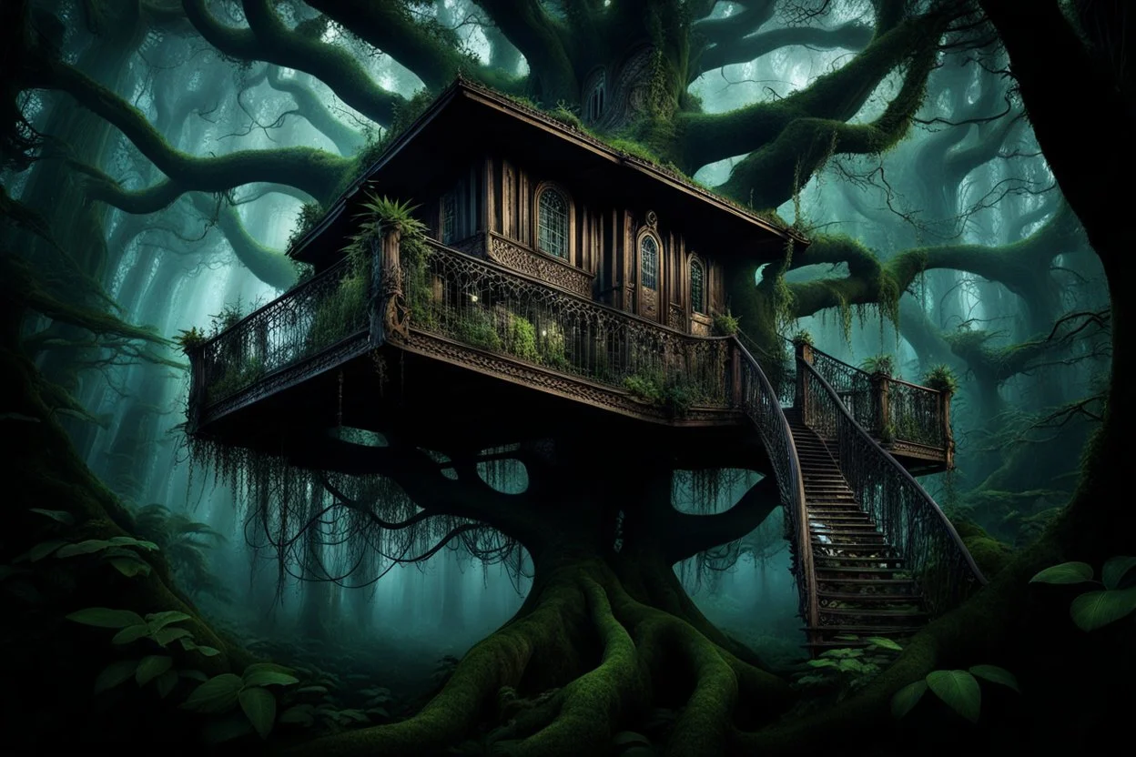 Extreme Unusual Treehouse in surreal forest, vegetation, spiky tendrils, intricate details, dark colors, detalied, dark fantasy, psychedelic, very detailed, cinematic