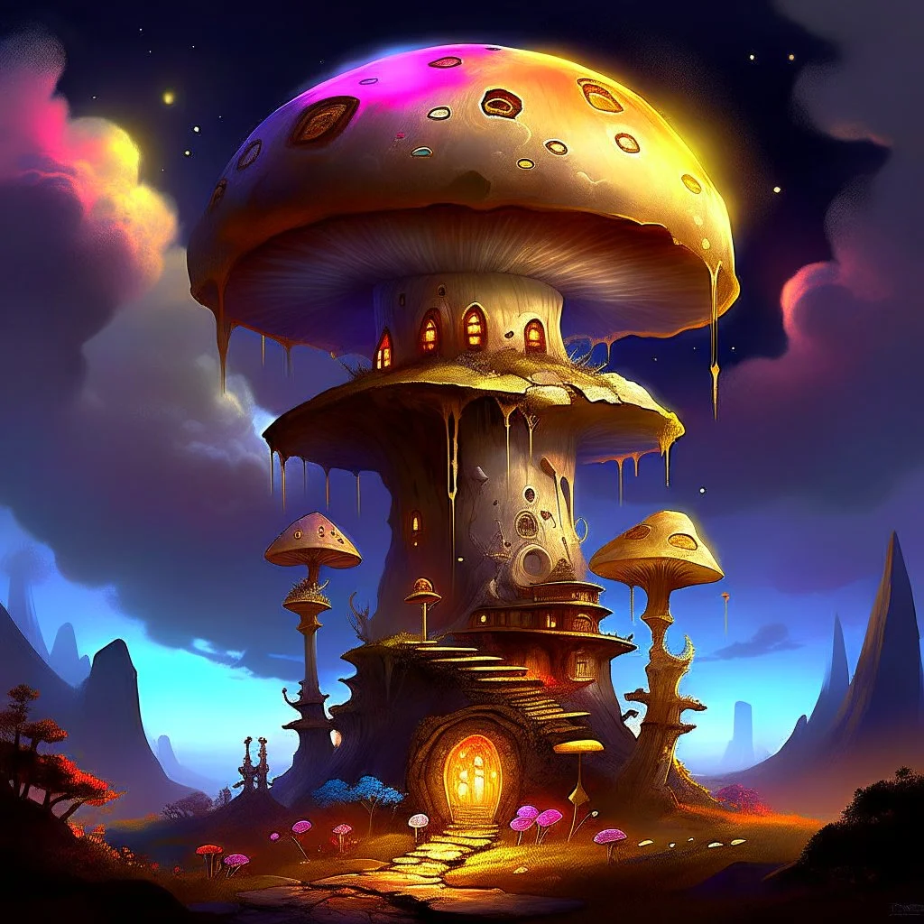 A fantabulous glowing, (((mushroom tower house))) erected atop a (tall geologic pillar), surrounded by uncanny imaginative ((( spiraling skies))), offset by the stark hues of a (nebulous space scape), . captured by the hand a skilled master painter with a focus on (softly textured compositions and voluminous lighting).