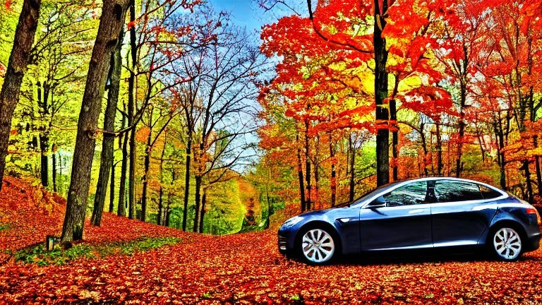 A Tesla's 'Model S Plaid' is parked, in the 'Great Smoky Mountains' National Park, in Tennessee. CINEMATIC. WIDE ANGLE LENS. PHOTO REAL.