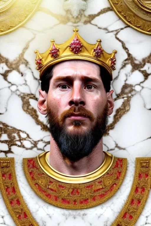 Realistic image, bas relief sculpture made in white marble with gold veins, Lionel messi with gold laurel leaves crown, decorative star on the chest, waist up portrait, marble material, gold ornaments, Baroque style, sun rays background, epic, celestial, cinematic lighting, God lights, 4k resolution, smooth details, soft lighting, unreal engine 5, art station, substance 3d.