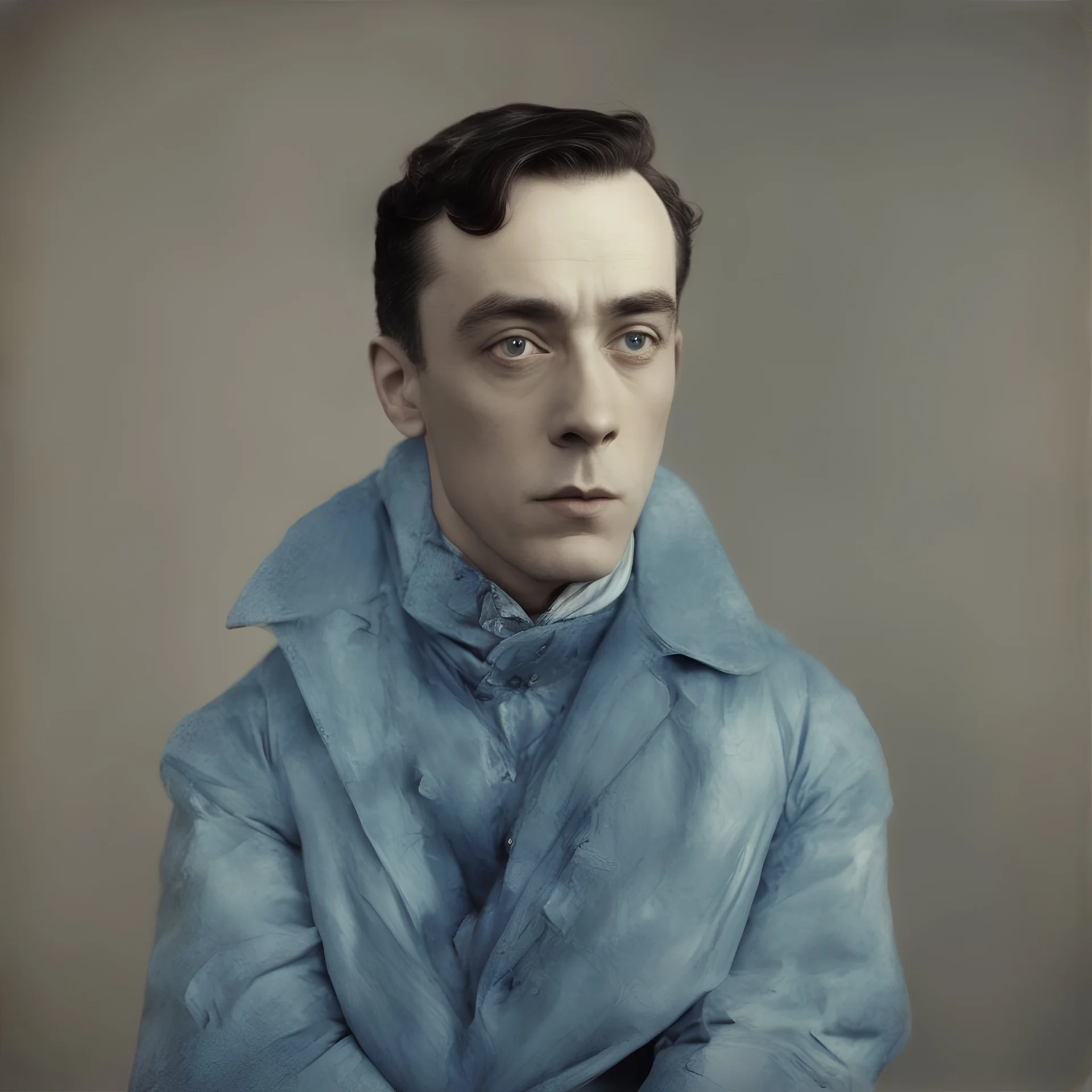 Actor buster keaton, blue, autochrome, plastic puffy jacket
