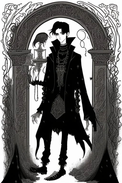 black haired young man necromancer wizard with gothic jewelry in the style edward gorey