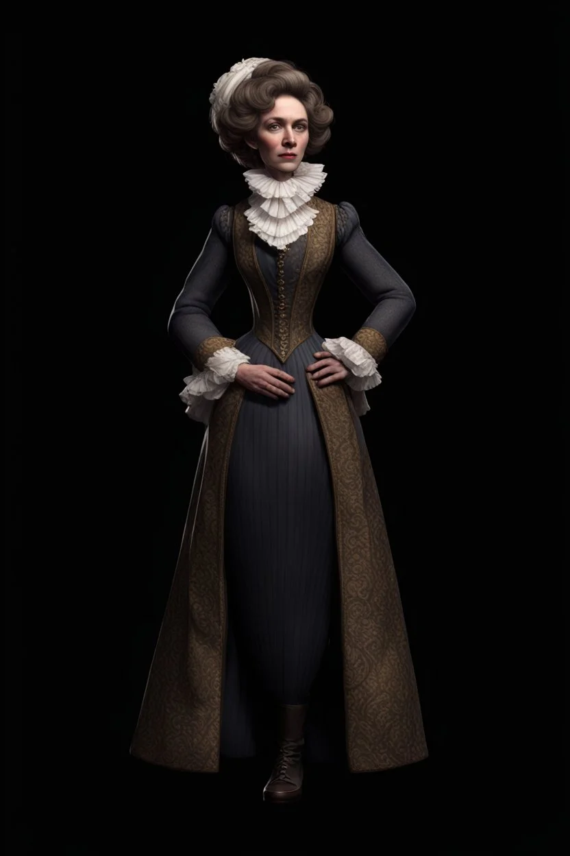 warm but stern aunty victorian era, posh british accent influenced, high born facial features dnd character on a solid black background, full body image, high quality realistic.