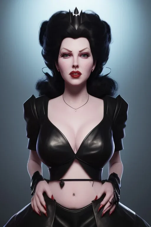 Lana Turner as evil queen in black leather, leather, busty, cleavage, angry, stern look. character design by cory loftis, fenghua zhong, ryohei hase, ismail inceoglu and ruan jia. unreal engine 5, artistic lighting, highly detailed, photorealistic, fantasy