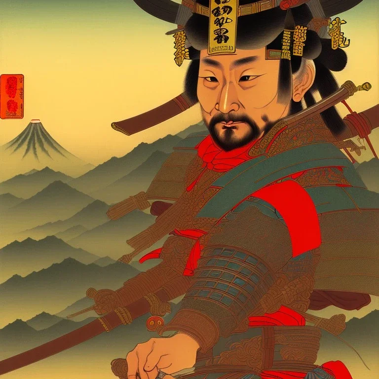 human Samurai Japanese Ukiyo-e, sun in the background, walking in the mountains