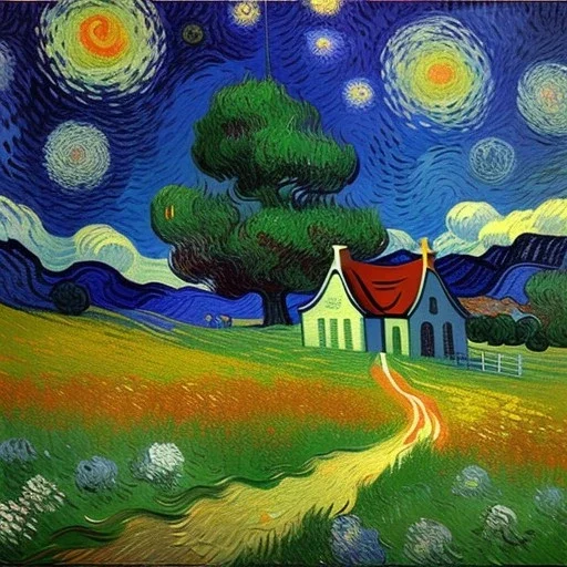 Dibujo al oleo de una pradera con una casa y un caballo con muchas nubes de colores estilo Vincent van Gogh