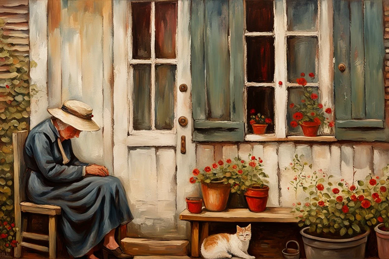 oil on roughened canvas, Textured Scumbling Technique, loose unstructured, Monet brush strokes. vintage feel. Old wooden Open housedoor with peeling paint, window next to door. An old woman with a curled sleeping cat beside her is sitting on an old tatty wooden bench. flowers, and pots. scruffy rundown pop hue of red