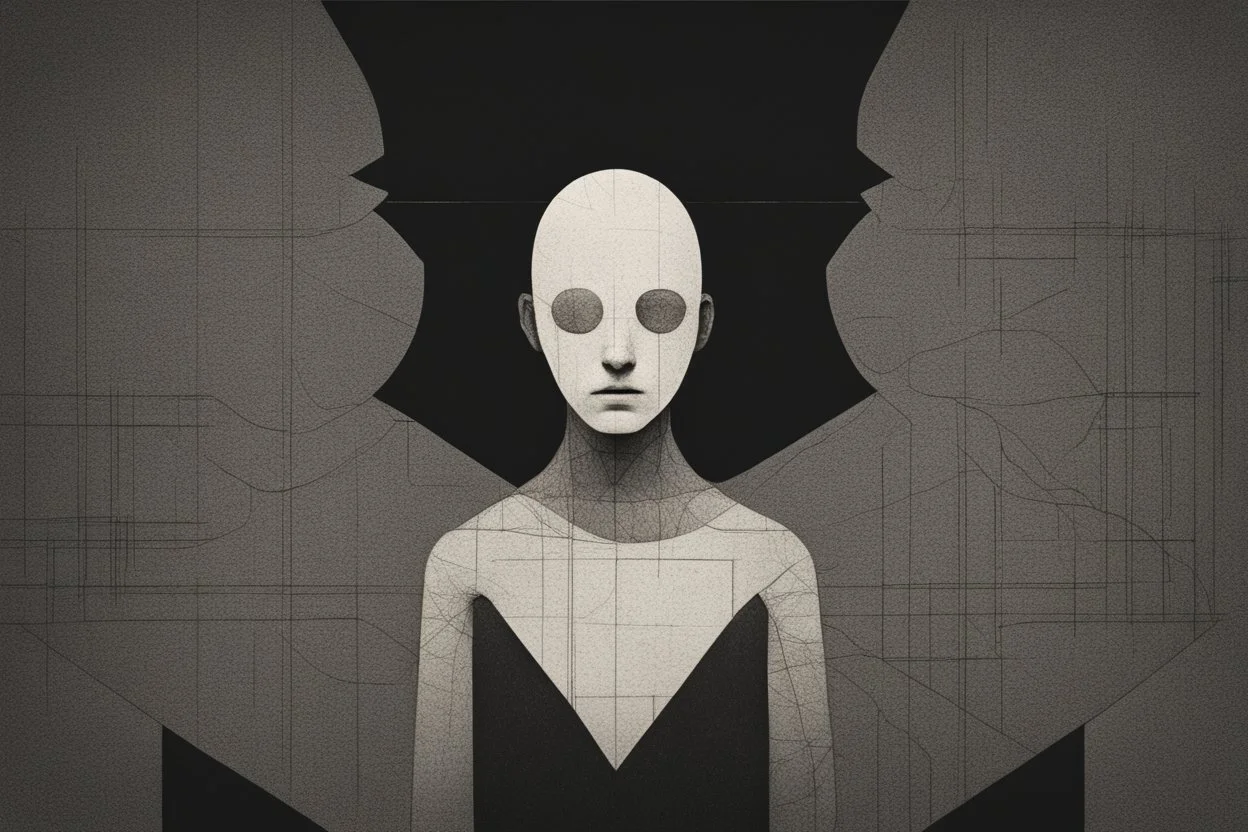 monochrome, cardboard figure on the left of the picture, stocky human figure with a head tilted to the left, almost no neck, no face or hair, schematic drawing, against a dark grey background with a symmetrical pattern, a lighter grey, almost monochrome, in moonlight, crayon drawing in shades of grey and black, ethereal, cinematic postprocessing