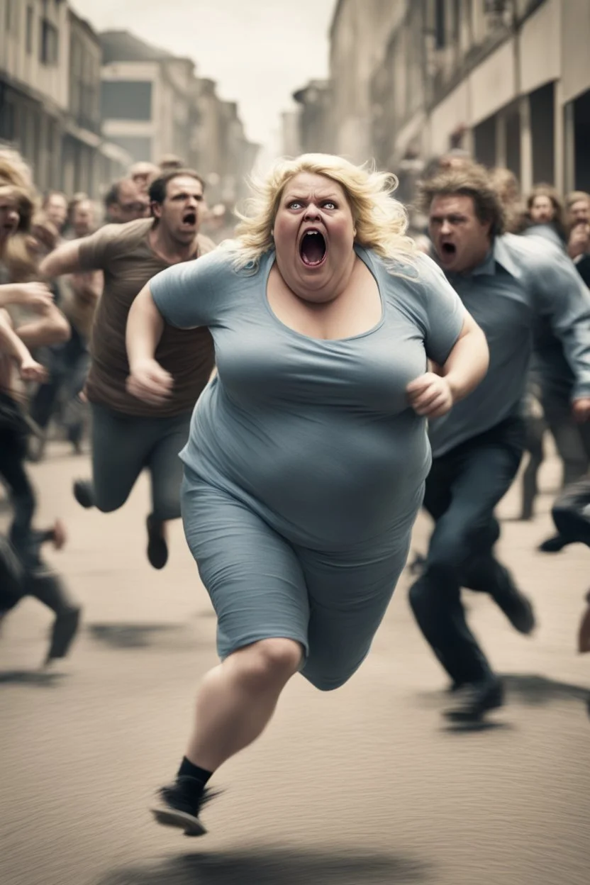 an obese terrified blonde woman running away from an angry mob