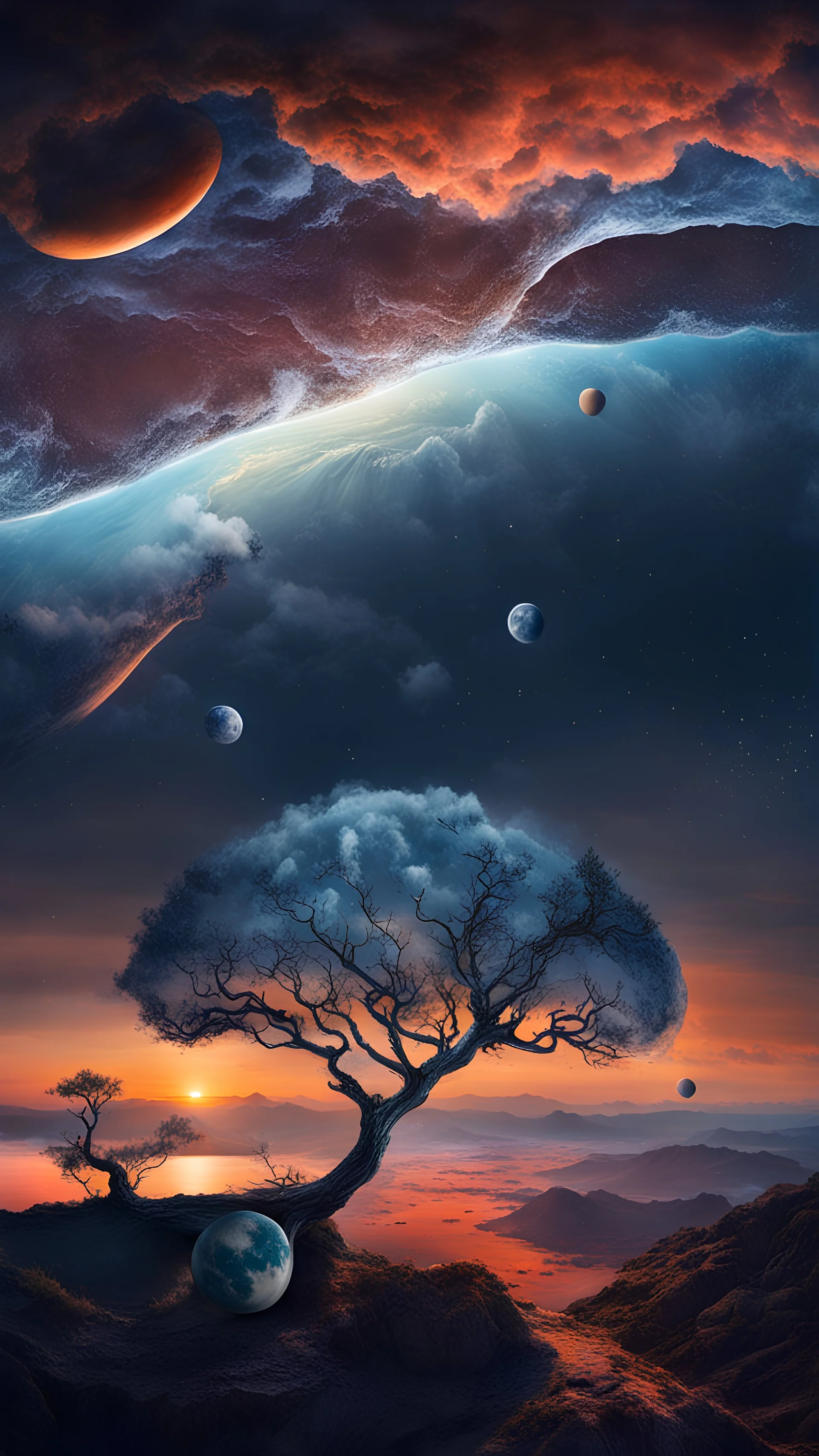 Hyperrealistic upside down world two oceans meet each other yin and yang upside down surreal landscaping 4K, hyper realistic, out of the box, double sunset, multiple moons and planets