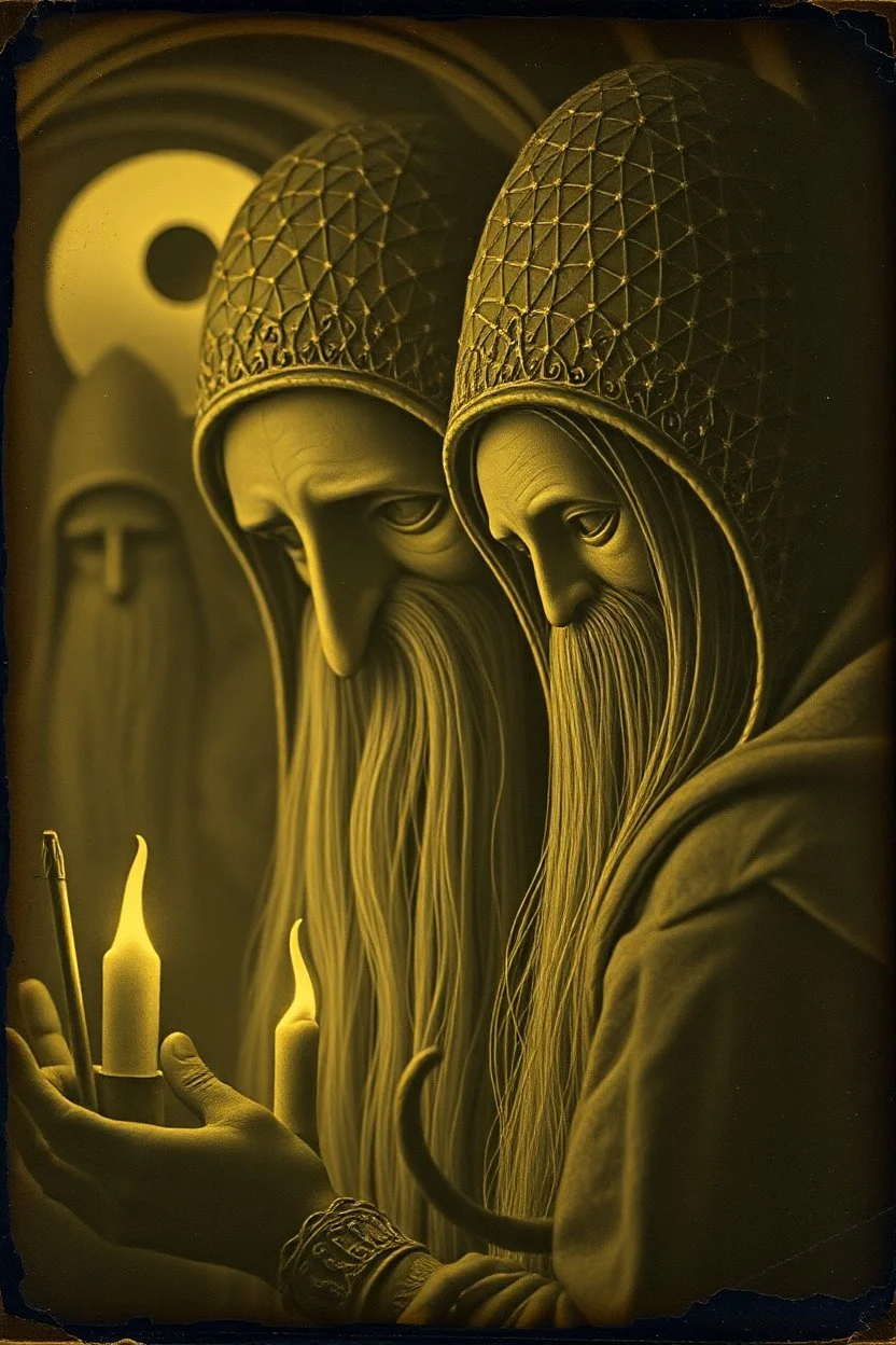 Daguerrotype close up some mysterious figures, odd background, Hieronymus Bosch Max Ernst ambient light, by Minicavio Quollati and Marlost Endgulp, Amano, Botticelli, Alphonse Mucha