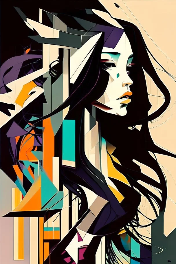 Neo Surrealism, whimsical art, Analytical Cubism Illustration Design a perfect pretty girl, black long hair, Split-Complementary color guide, Plasma Energy Texture, abstract background, girl, Pose with movement, often for geometric deconstruction, monochromatic palette, or fragmented forms.