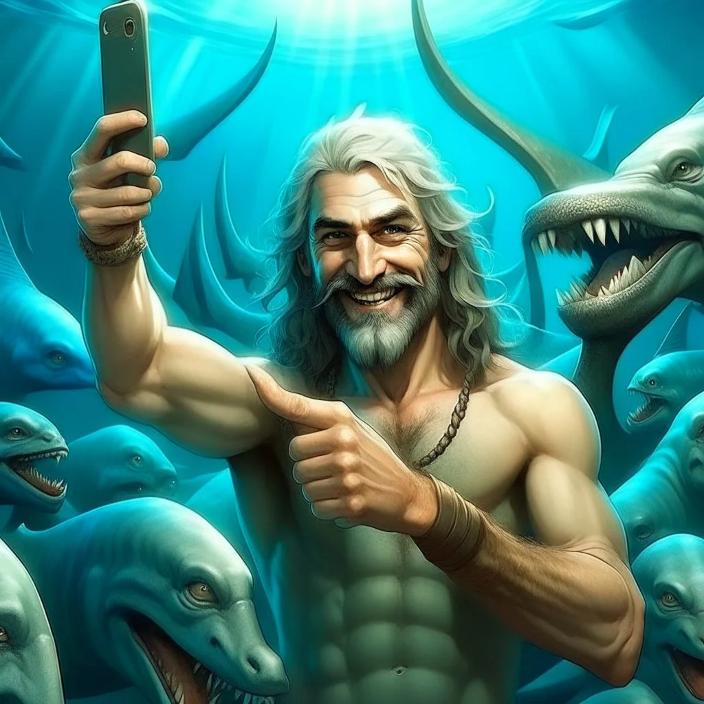 the sea god Poseidon, taking selfie with sharks, smiling, realistic, detailed,