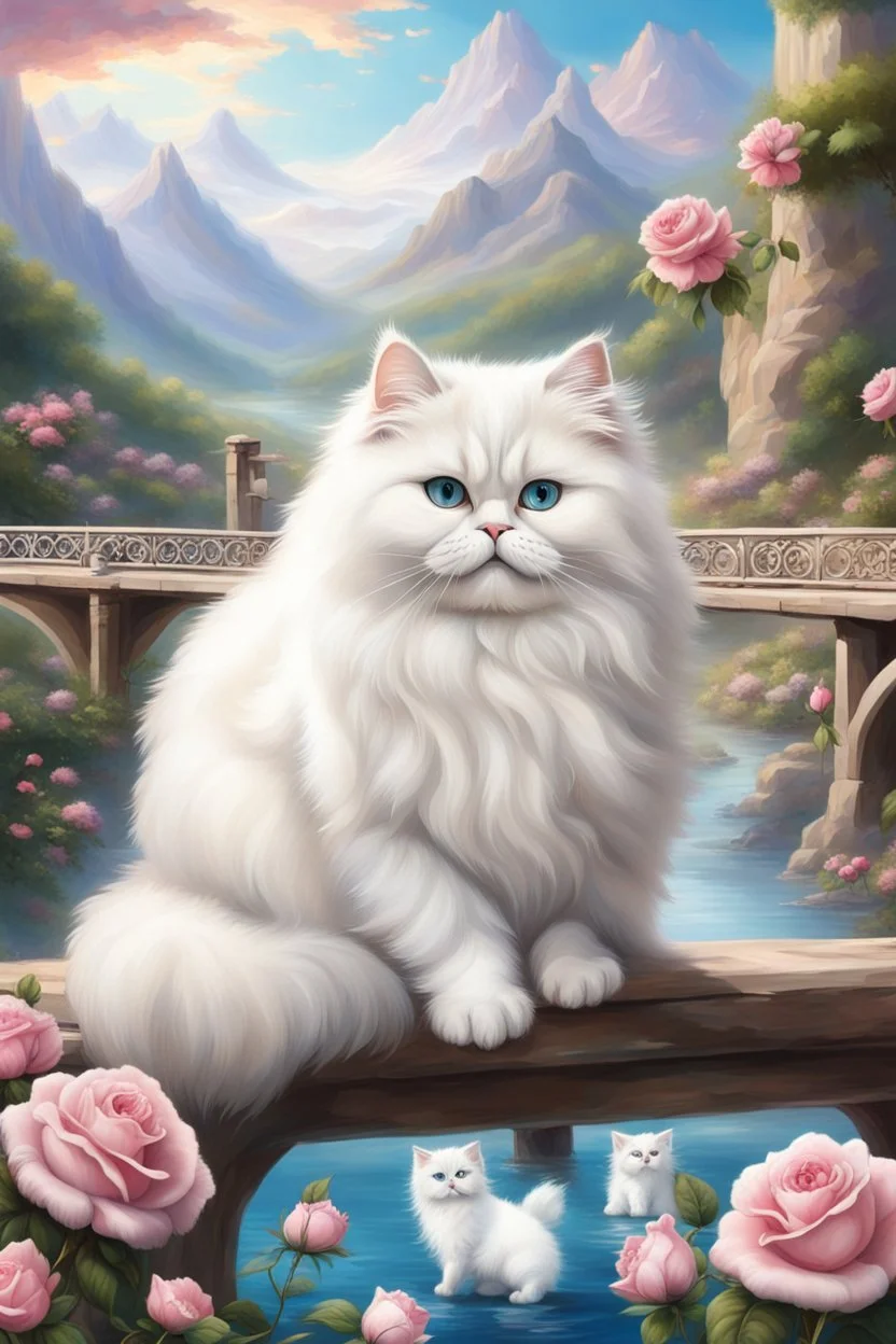 in the center: beautiful fat fluffy white persian cats with kittens, with green and blue eyes, sitting on a bridge, under the brigde flows a small blue river; background: landscape with dramatic mountains and white clouds, butterflys flying in the sky; first plan: pink roses;