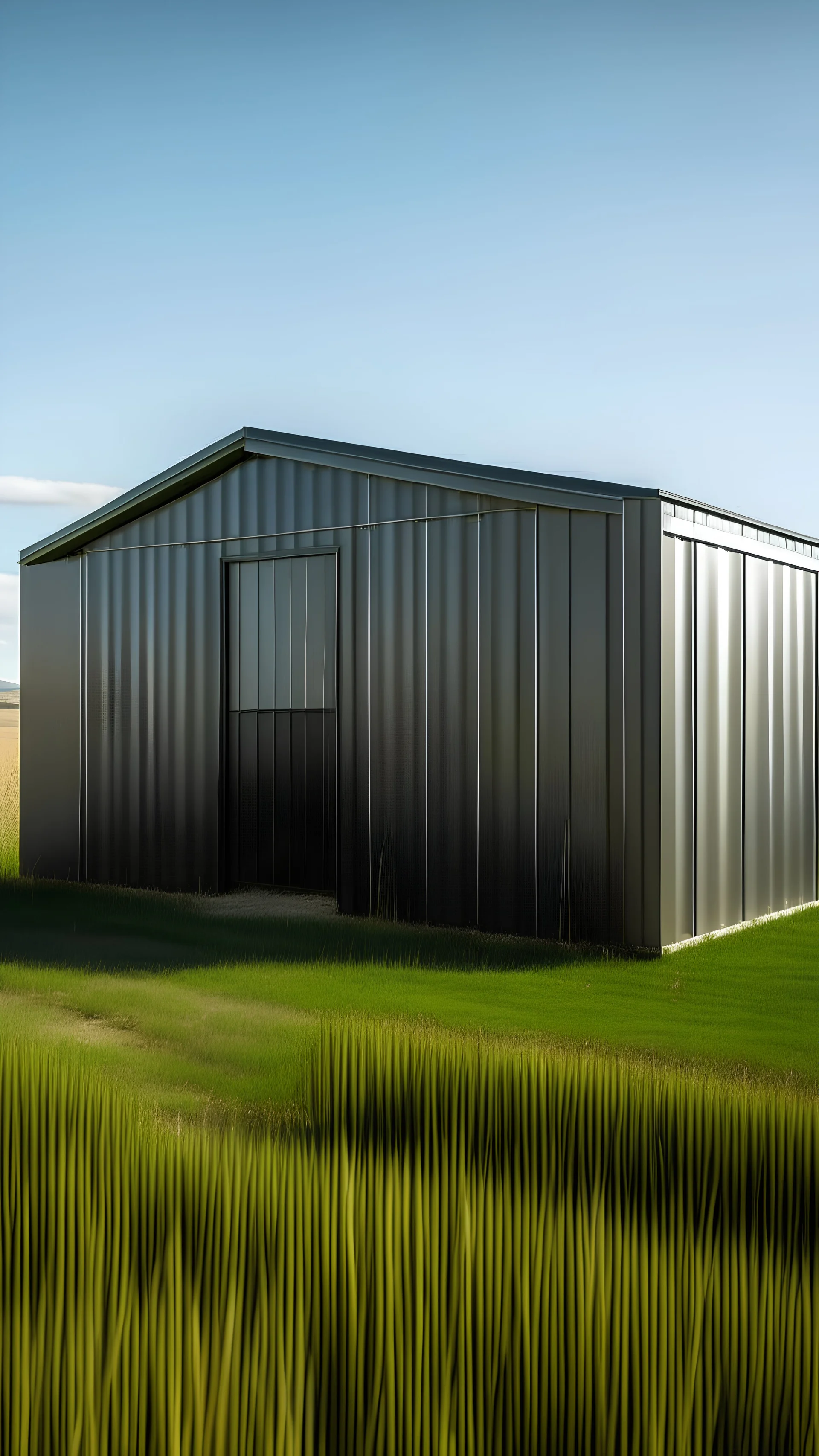 Highly contrasted metal shed on a flat grass landscape with no civilization