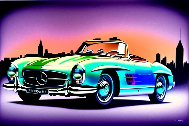 a true-to-life 1956 mercedes benz 300 sl roadster, centered, intricate, extreme detailed, photorealism, center view, city background, pivot on mercedes, pen and color marker painting by cheryl kelley