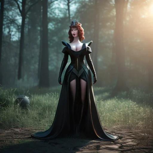 Christina Hendricks as evil queen in black leather gown, cleavage, angry, stern look unreal 5, octane render,cinema4d, dynamic lighting, dramatic lighting, 4k, redshift render, highly detailed, hyper realistic