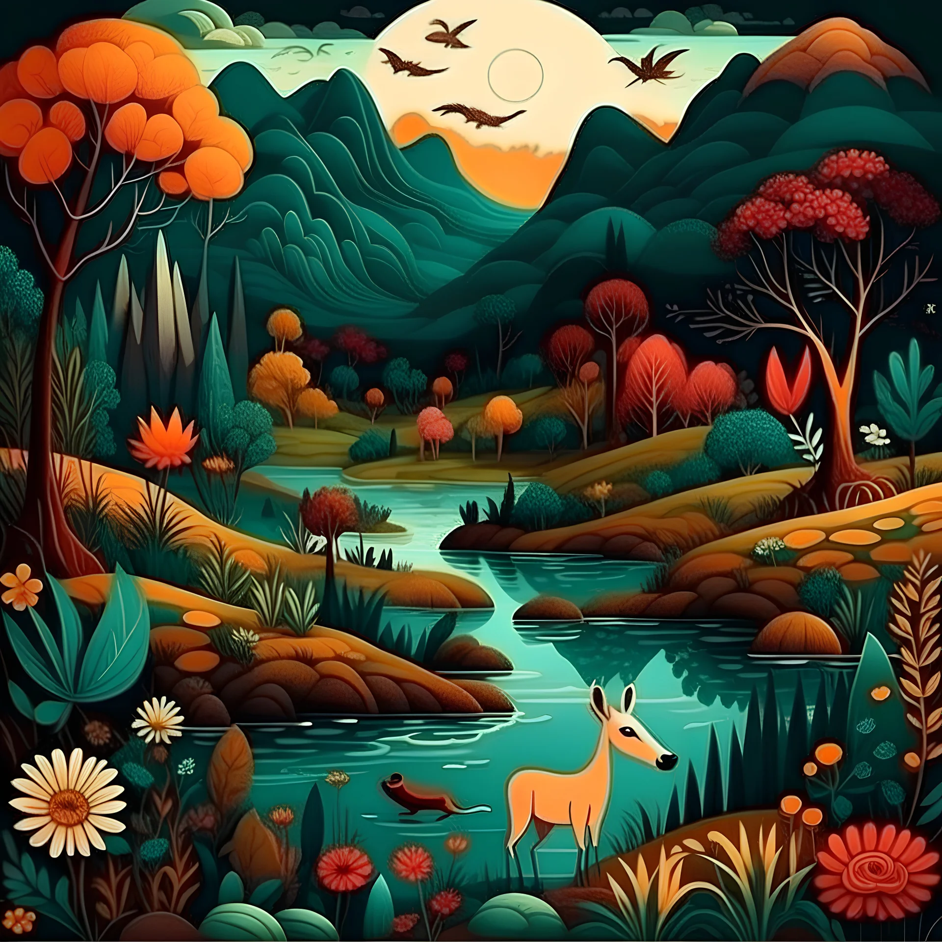 paisaje frondoso con montañas y río, animales y vegetación durante la noche al estilo frida kahlo