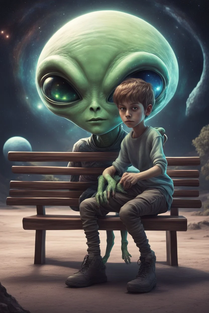 alien and a boy sitting on a bench. alien is howing boy with his alien hand the universe that boy never saw with his human eyes. there are geometric stuff all around and some planet stuff. boy and alien are friends. realistic style, like photography.