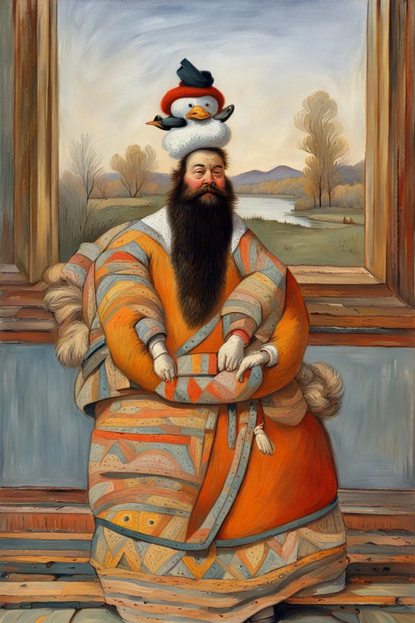 big fat Hairy man with a duck hat.19th painting