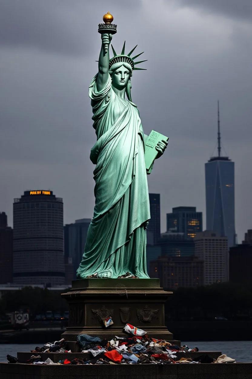 the statue of liberty, dress tattered an torn, her face solemn and terse, trash littered at her feet, the skyline dark and grungy