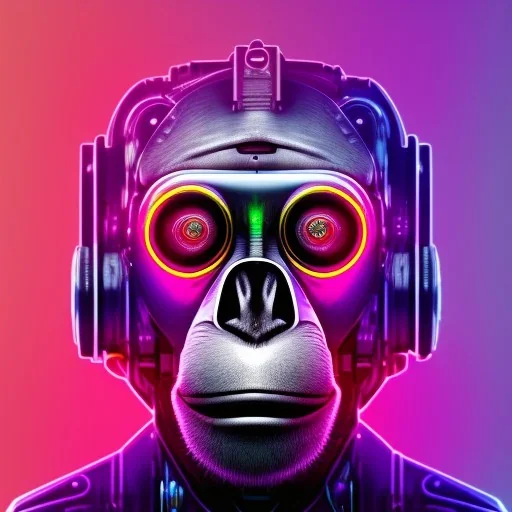 A beautiful portrait of a cyborg monkey purple neon color scheme, high key lighting, volumetric light high details psychedelic background