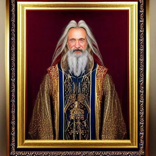 3/4 portrait painting of a wizard, ultra highly detailed, intricate details, shiny, pipe smoke, metallic, robes embroidery, runes