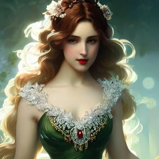 head and shoulders portrait, 8k resolution concept art portrait by Greg Rutkowski, Artgerm, WLOP, Alphonse Mucha dynamic lighting hyperdetailed intricately detailed Splash art trending on Artstation triadic colors Unreal Engine 5 volumetric lighting greek goddess, Victorian style red hair, white gothic dress, soft glowing green eyes, red lips