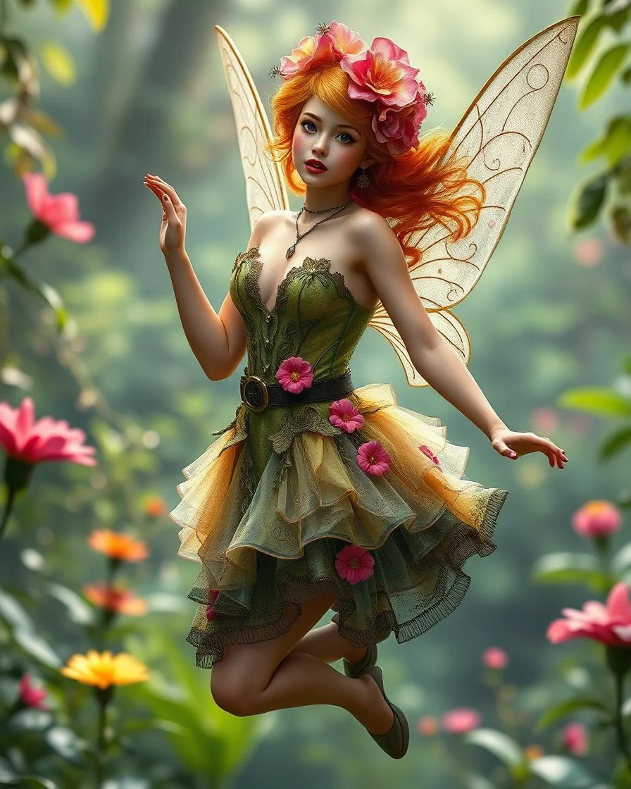 Gorgeous Digital Photography Realistic full body dress steampunk classic pixie flowers with a resemblance to Beautiful woman Tinkerbell on flying up, beauty sharp contrast colors,jungles background,digital fantasy art