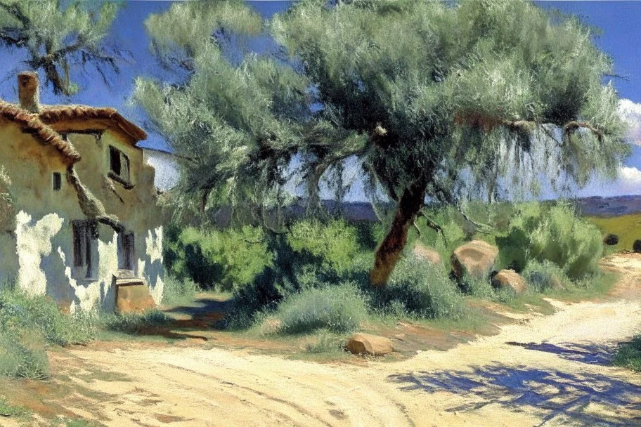 sunny day, clouds, rocks, trees, mountains, countryside, dirt road, adobe old house, gustave caillebotte impressionism paintings