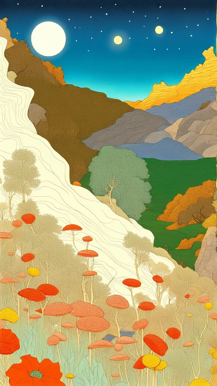 Many colors, peaceful, Egon Schiele, Max Ernst, night sky filled with galaxies and stars, rock formations, trees, flowers, one-line drawing, sharp focus, 8k, deep 3d field, intricate, ornate, one million strokes
